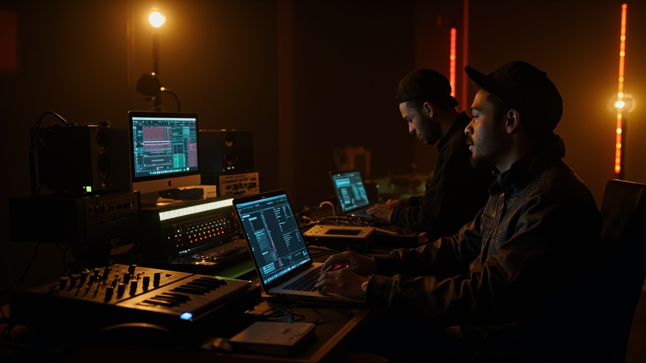 Late-night music production session