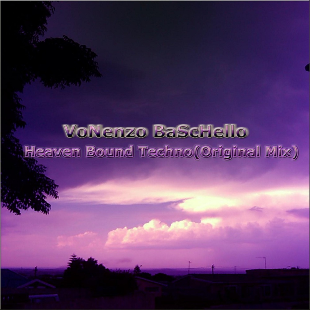 Heaven Bound Techno by Vonenzo Baschello - official single cover art, purple sunset over a silhouetted neighbourhood