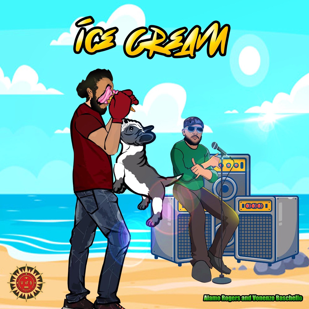 Ice Cream by Vonenzo Baschello and Alamo Rogers - official single cover art, illustration of a man with an ice cream cone and a French bulldog